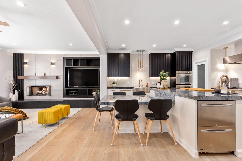 Open-plan kitchen, dining and living area
