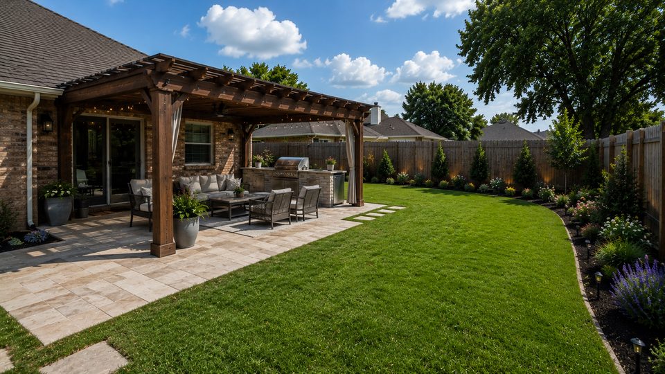 Covered outdoor living area with pergola, seating and lawn