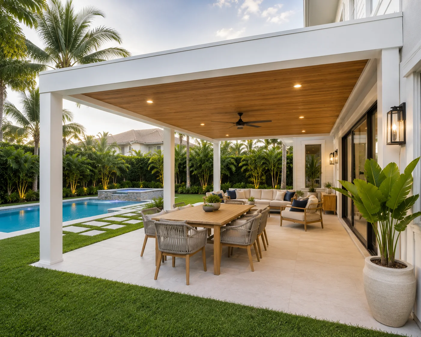 Attached covered terrace with timber-look soffit over an outdoor dining setting beside a pool