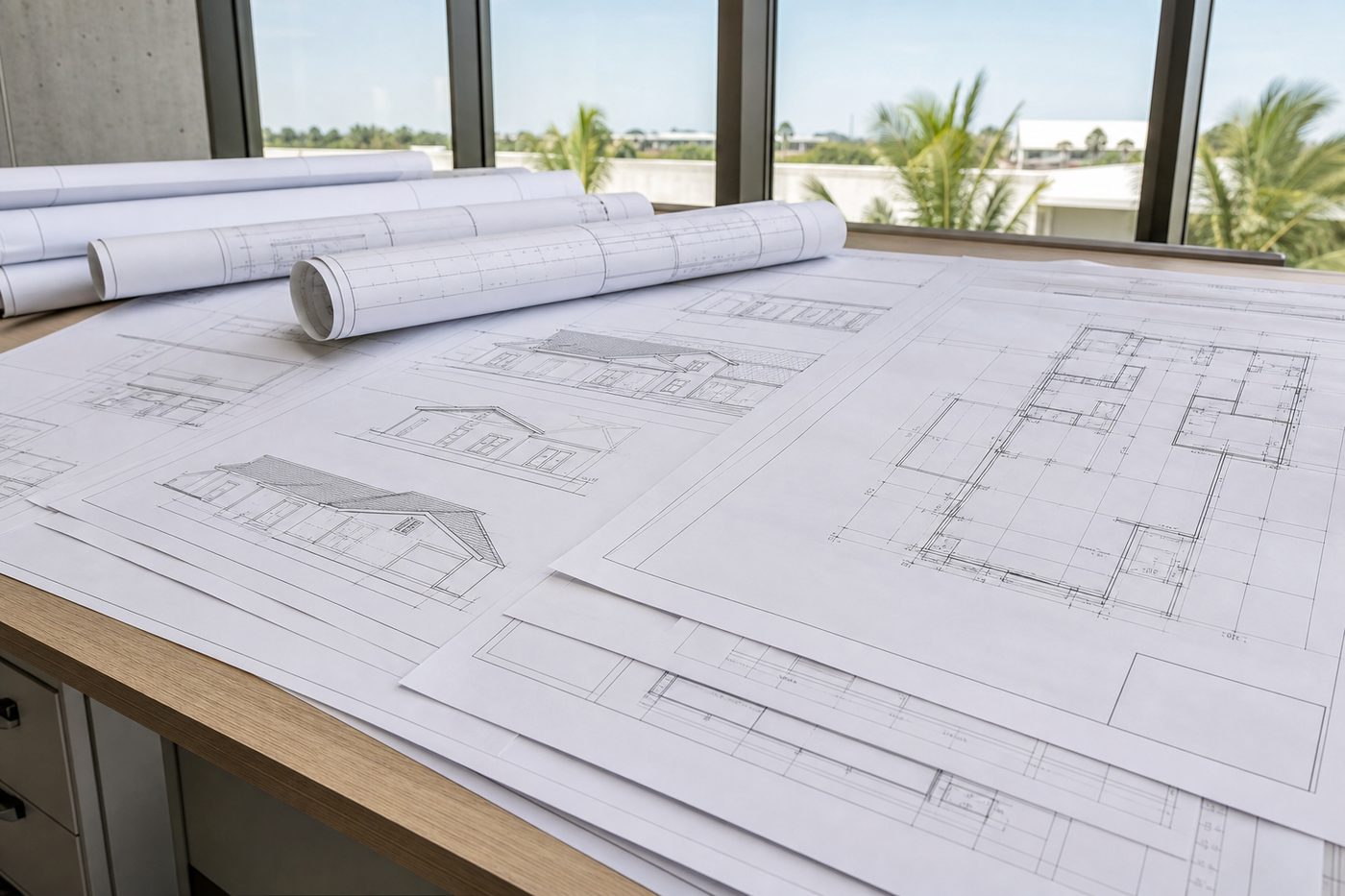 AI-generated illustration: a set of commercial construction drawings laid out on a plan table