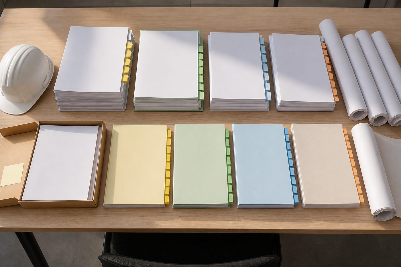 AI-generated illustration: an organised permit submittal set with tabbed dividers and rolled drawings