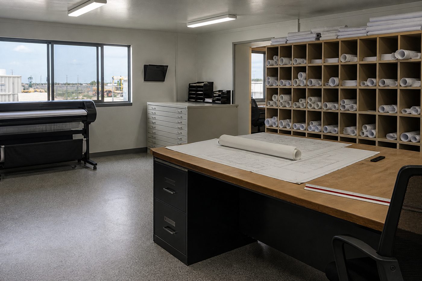 AI-generated illustration: a site document office with plan racks and drawings open on a desk