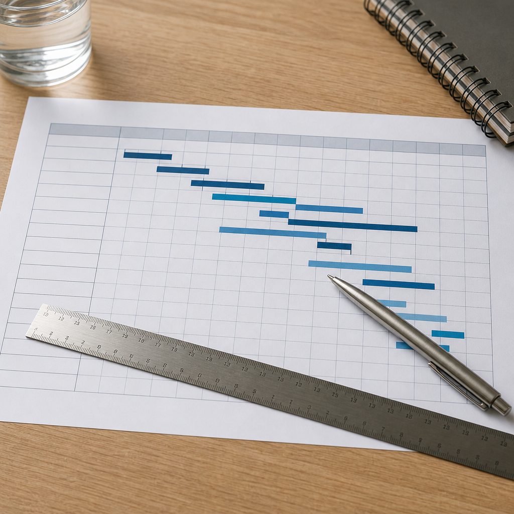 AI-generated illustration: a printed project programme bar chart on a desk, bars unlabelled