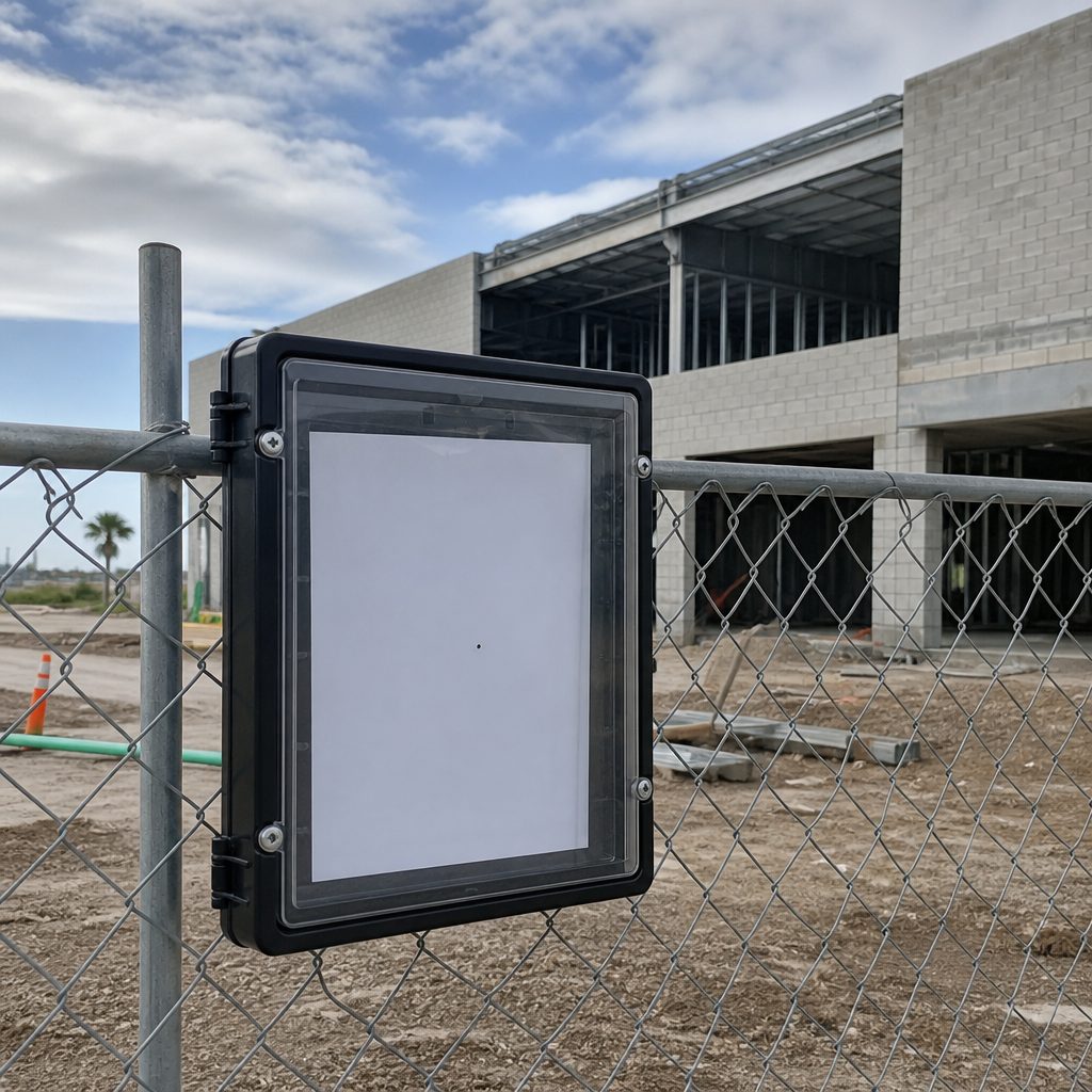 AI-generated illustration: a weatherproof permit display box mounted on a construction site fence