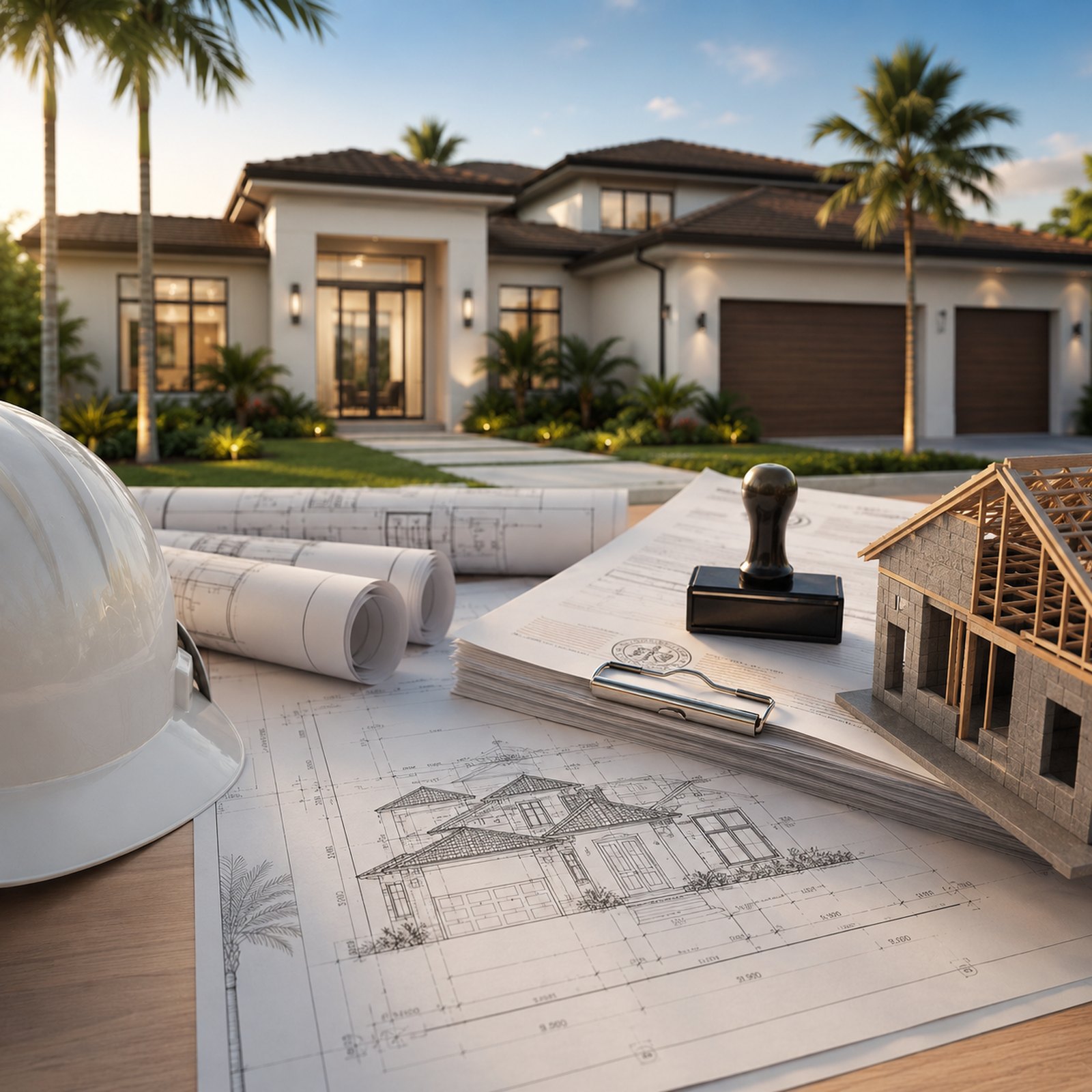 Construction planning and permitting documents with blueprints