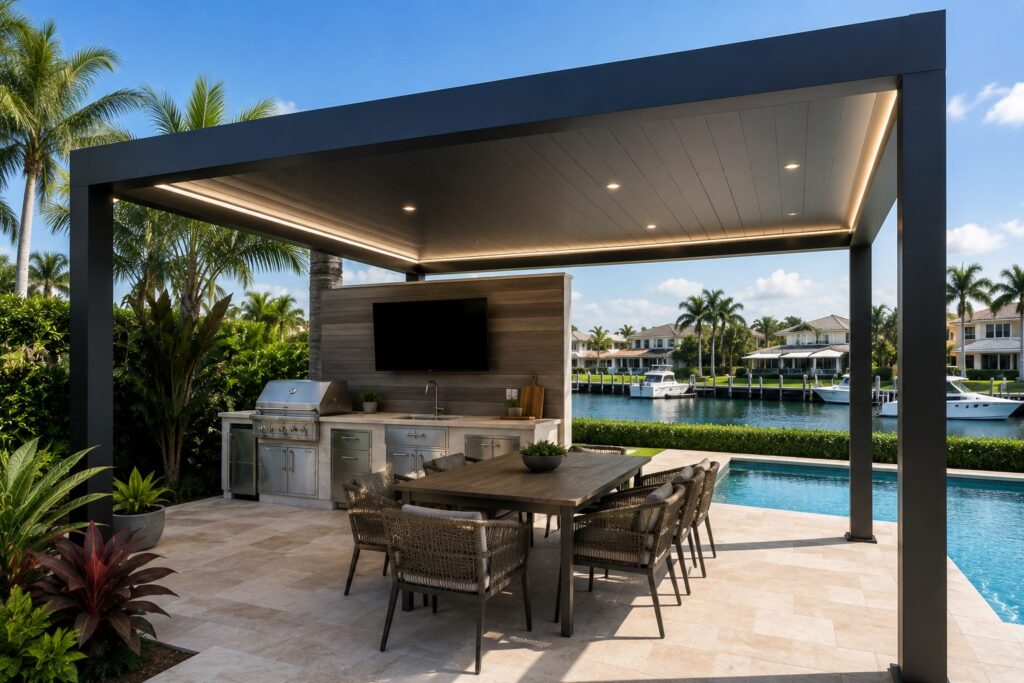 Dark-framed pergola over an outdoor kitchen and dining table beside a pool, with travertine paving and planting beyond, by Elbaz Construction