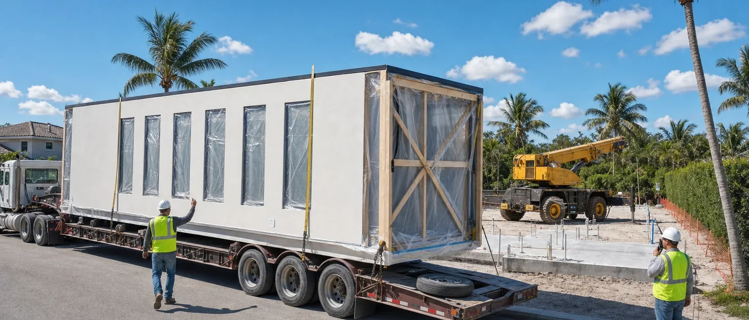 Illustration of a volumetric house module arriving on a low-bed trailer at a residential construction site