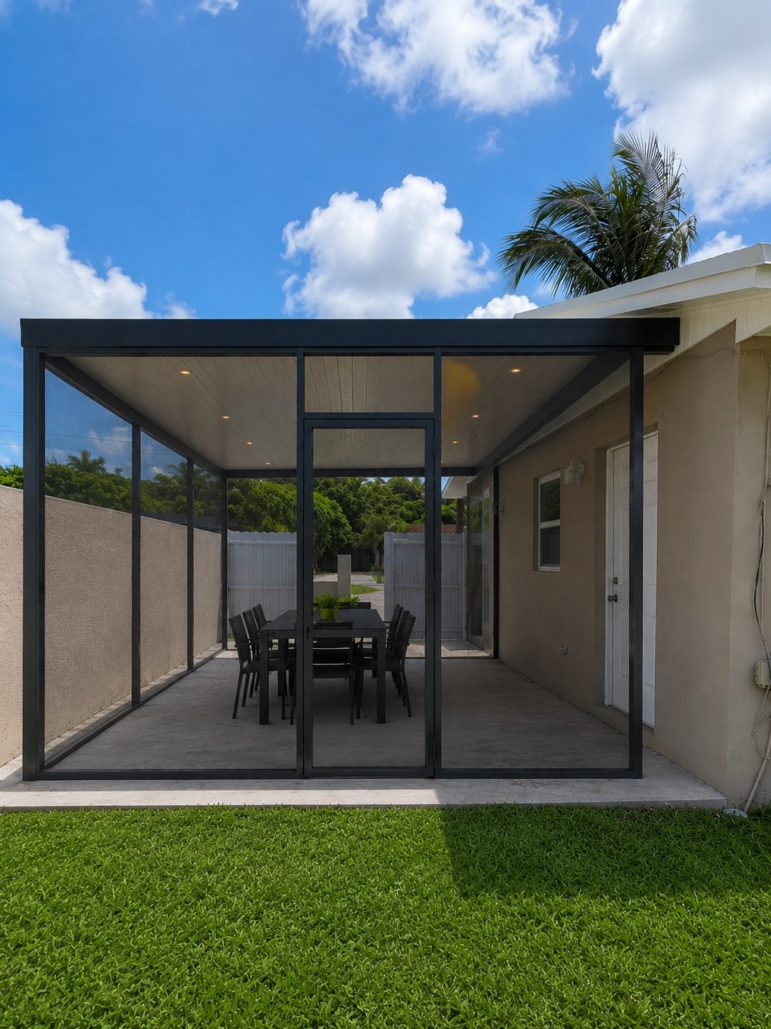 Screened enclosure completed against a rendered elevation, framed in dark aluminium with a dining table inside