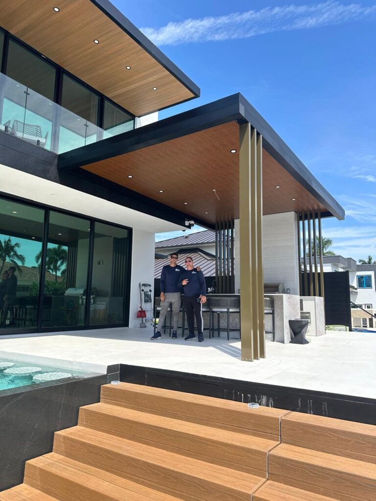Stucco at close range on South Florida houses photographed on Elbaz Construction project sites: rendered walls at openings, reveals, wall heads and new work meeting old