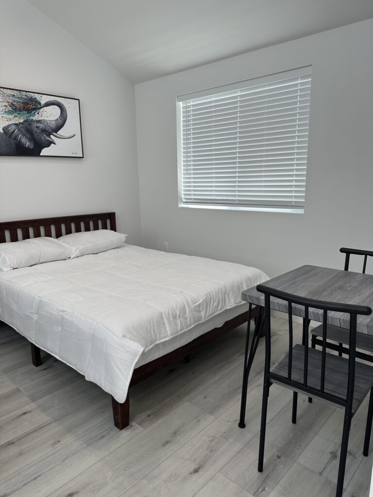 Completed studio ADU by Elbaz Construction: one open room with kitchenette, living and sleeping areas under a vaulted ceiling, plus a compact shower room