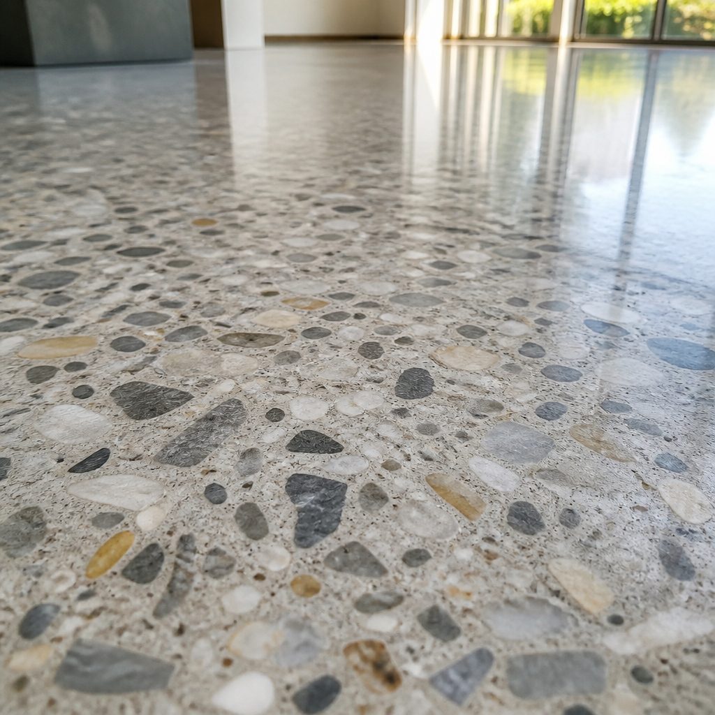 AI-generated illustration: macro of a polished terrazzo surface, marble and granite chips set in a pale matrix, ground flat and polished to a satin sheen
