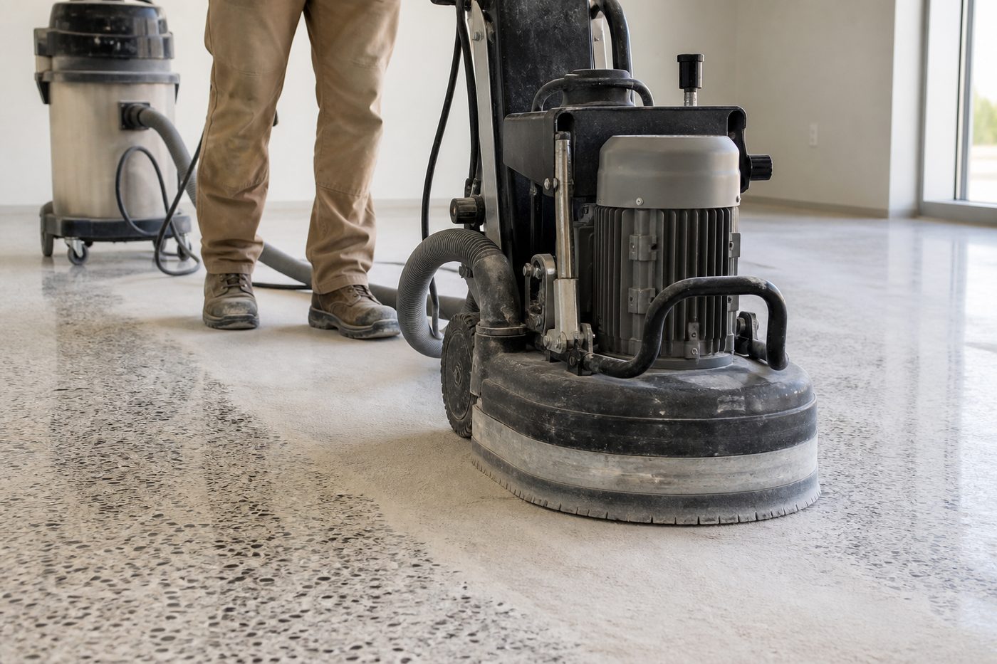 AI-generated illustration: a multi-head planetary grinder with dust extraction working across a terrazzo floor