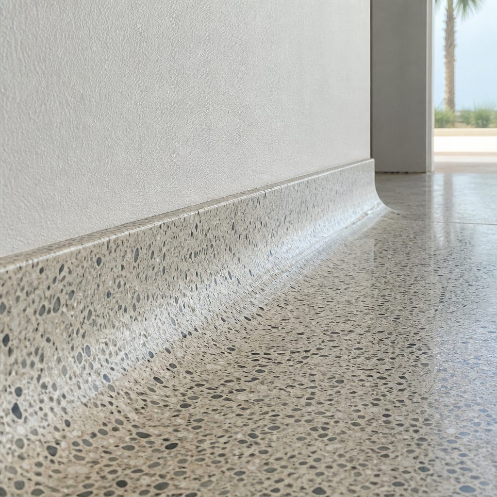 AI-generated illustration: a coved terrazzo skirting polished continuous with the floor at a wall junction