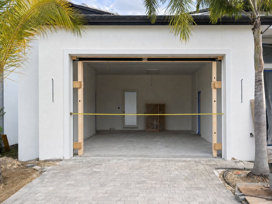 Illustration of a prepared garage opening with clean jambs, a level header and new fixing blocks
