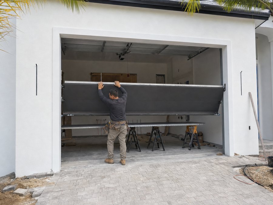 Illustration of an installer setting a sectional garage door panel into the opening and engaging the rollers