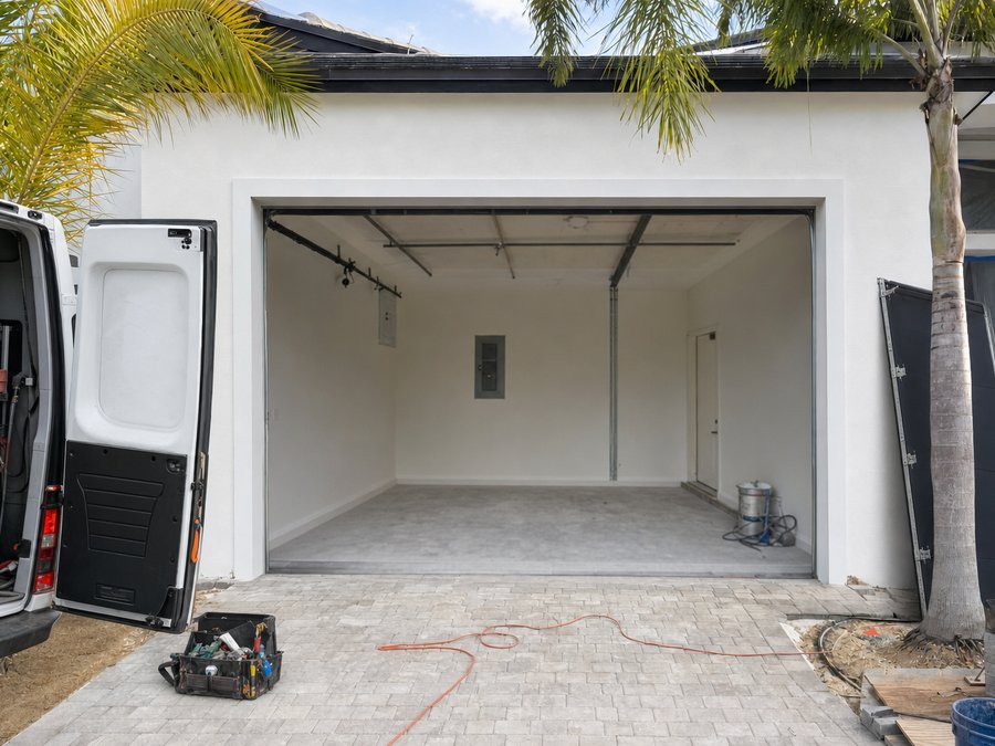 Illustration of an old sectional garage door part removed from its opening with the track still fixed to the jamb
