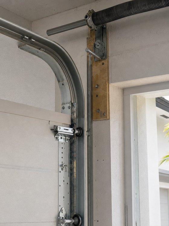 Illustration of the vertical track, roller and hinge hardware of a sectional garage door fixed to the jamb