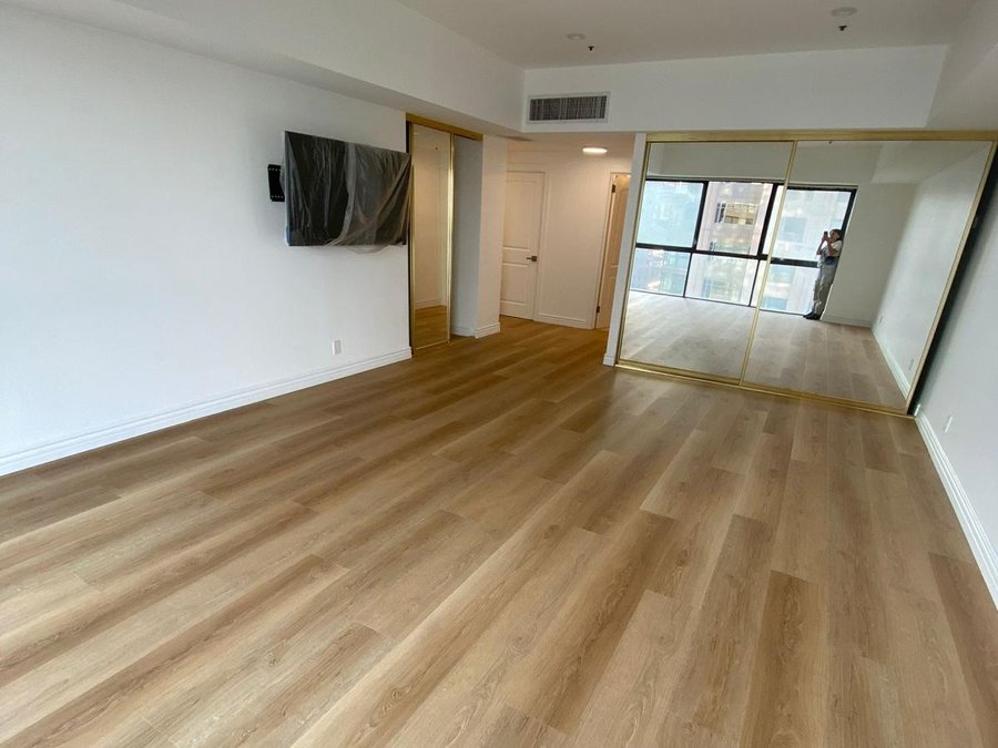 Wide light-oak plank flooring running the length of a living area