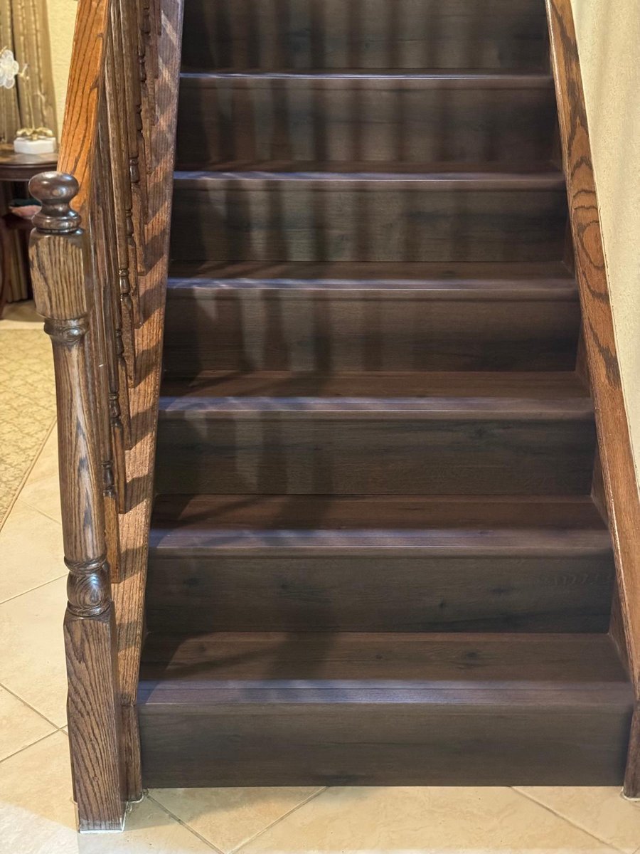 Timber stair treads and risers with a nosing detail in a completed installation