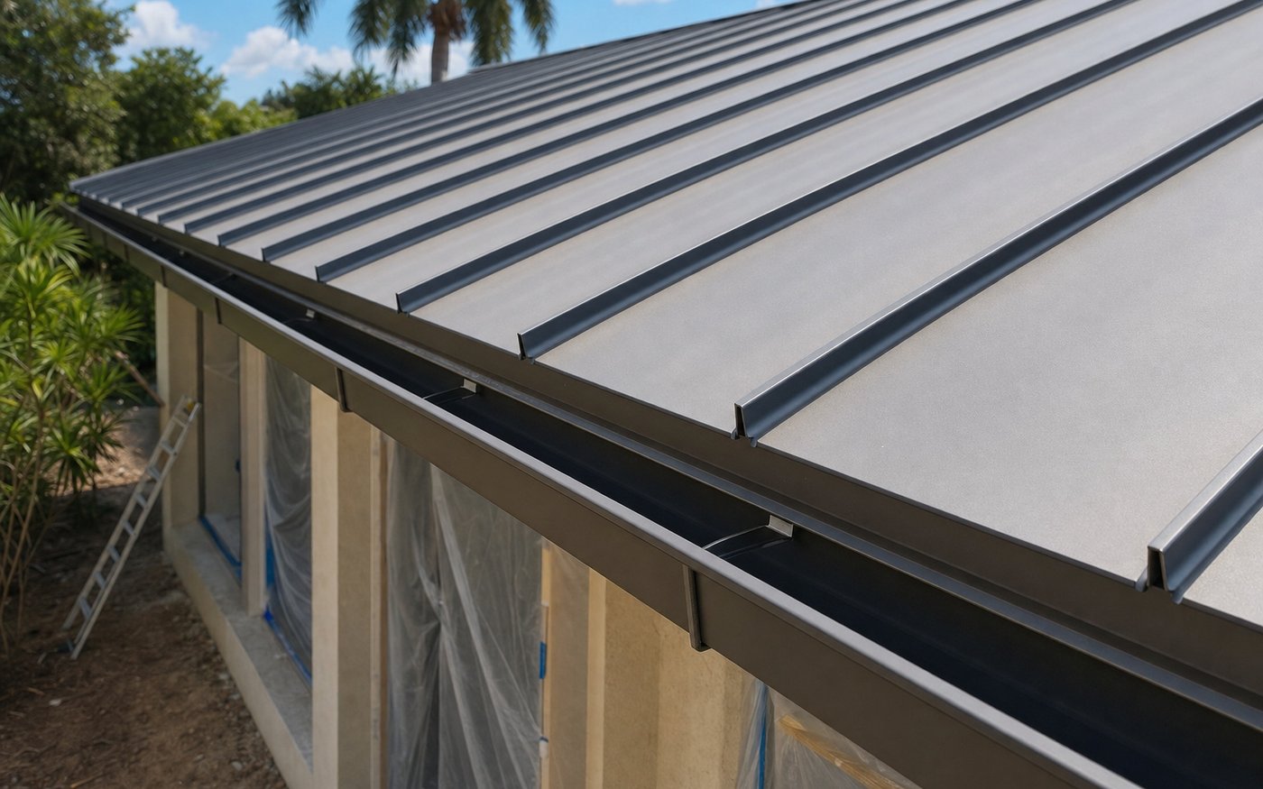 Illustration of the eave of a standing-seam metal roof showing the drip edge and the closure beneath the panel ribs