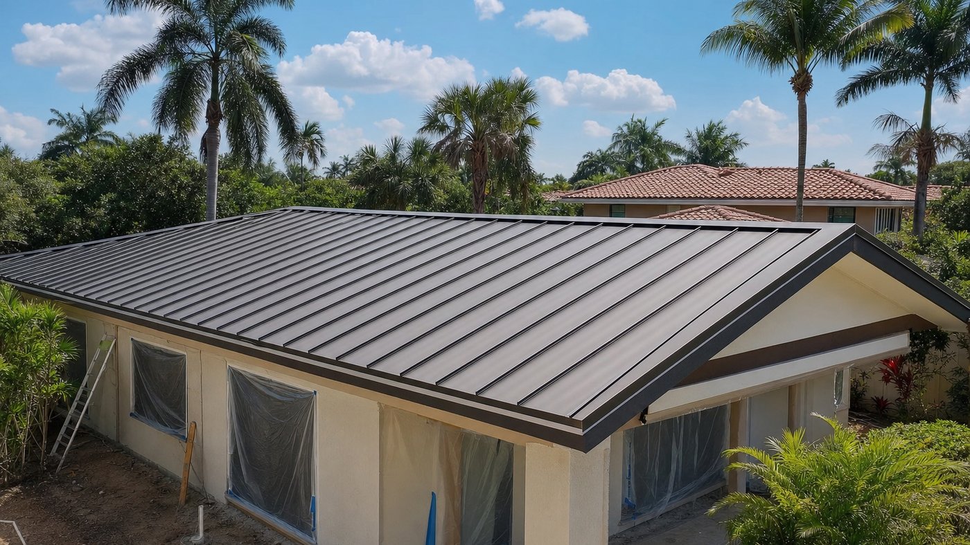 Illustration of a completed standing-seam metal roof on a South Florida house, with palms and neighbouring roofs beyond
