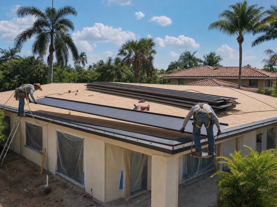 Illustration of two roofers setting a long standing-seam metal panel onto a roof deck