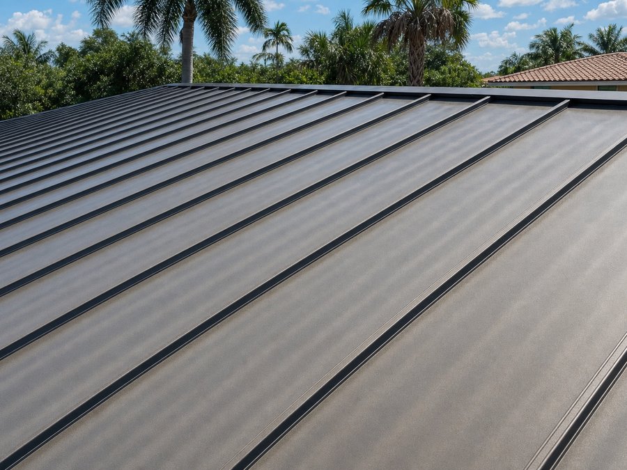 Illustration of standing-seam metal panels running up a roof slope with raised seams between the flat pans