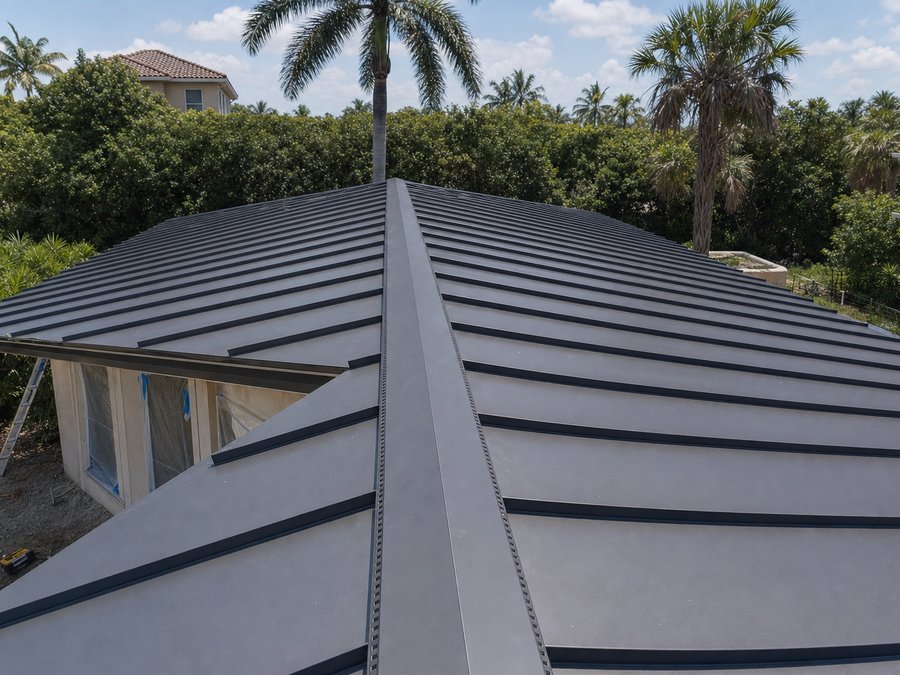 Illustration of a vented ridge cap on a standing-seam metal roof with panels closing into it from both slopes