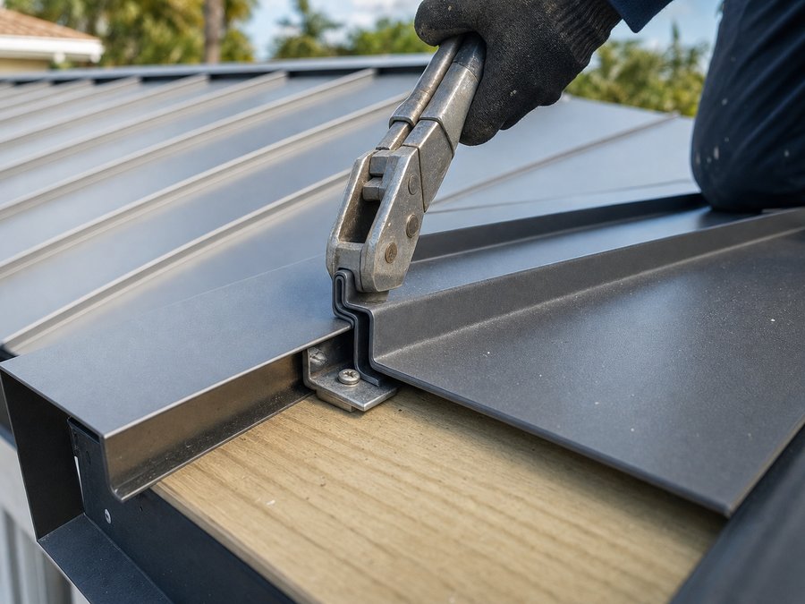 Illustration of a mechanically folded standing seam over a concealed clip fixed to the roof deck