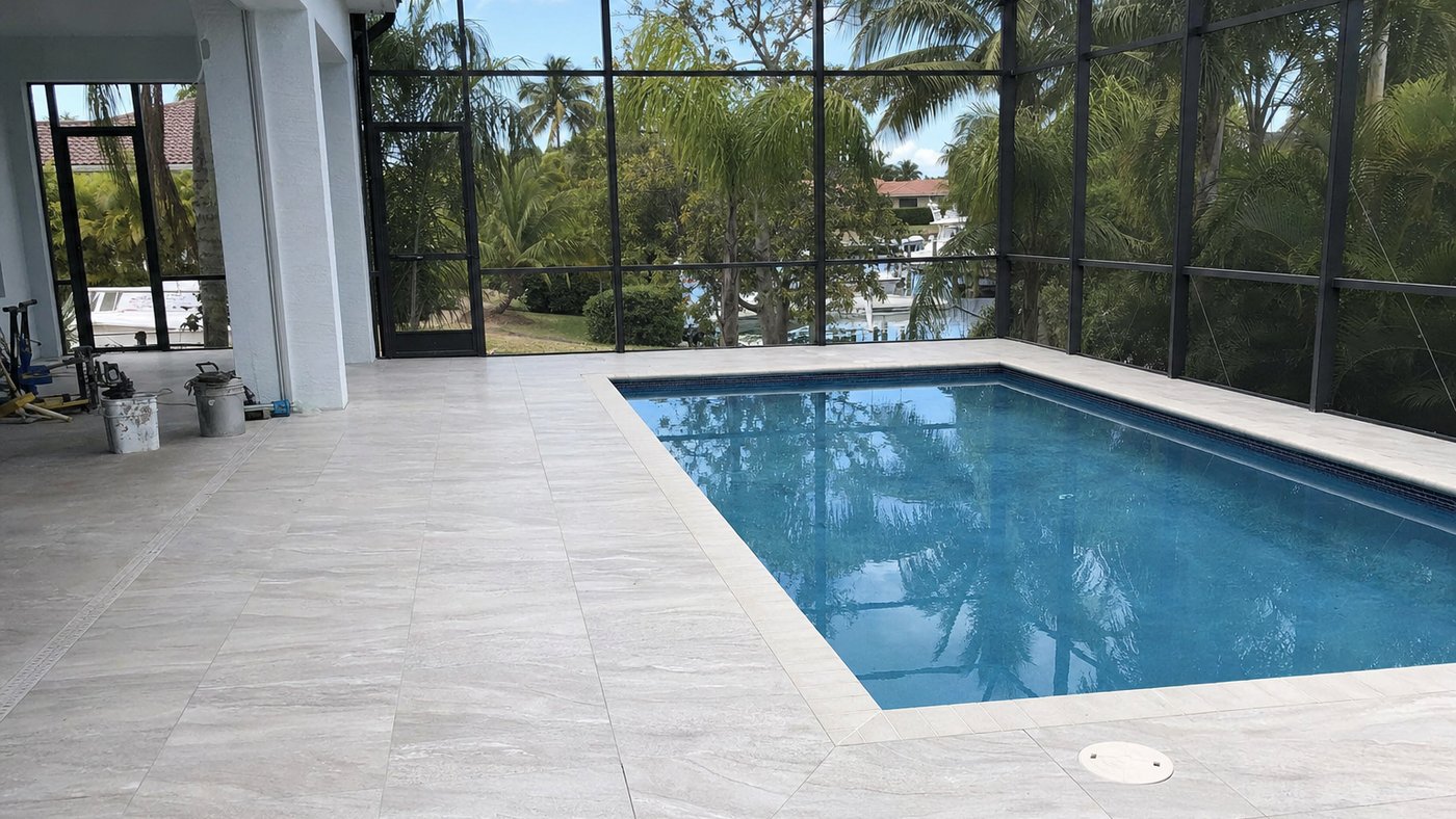 Illustration of a completed South Florida pool deck in large-format pavers with bullnose coping at the water edge