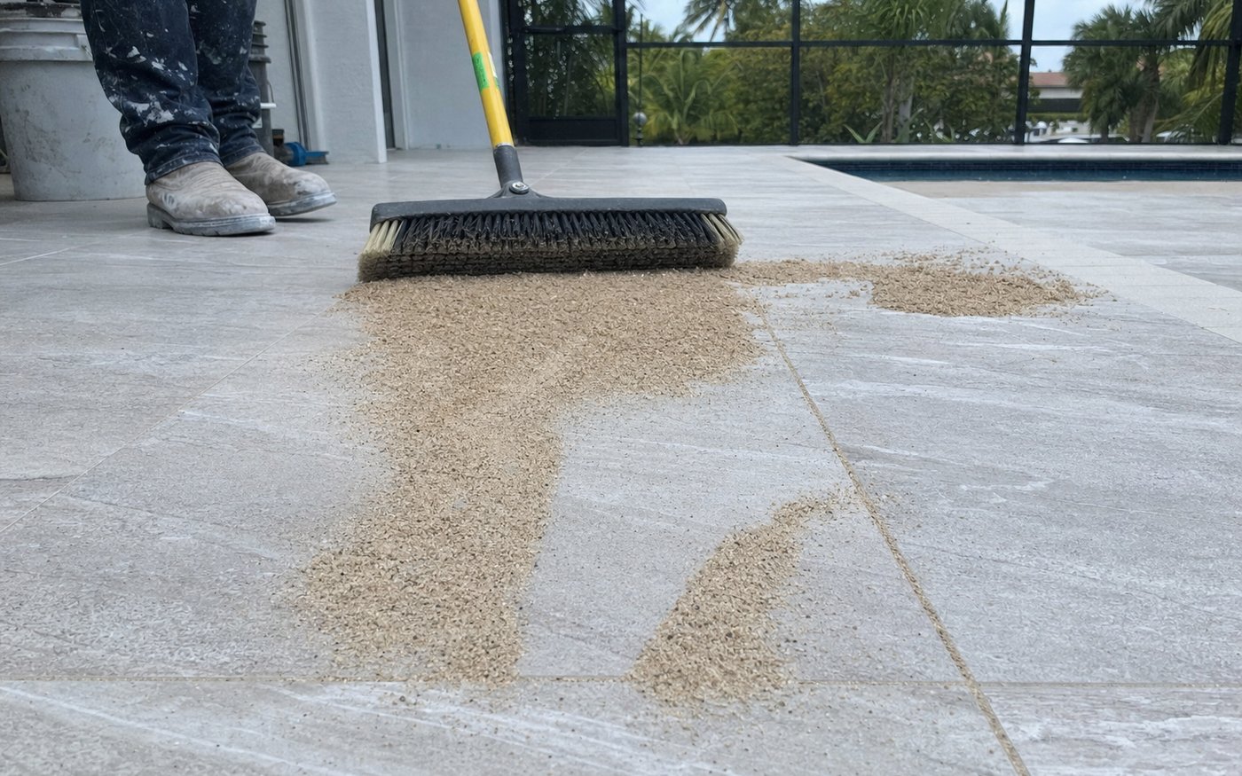 Illustration of polymeric joint sand being swept into the joints of a newly laid paver deck