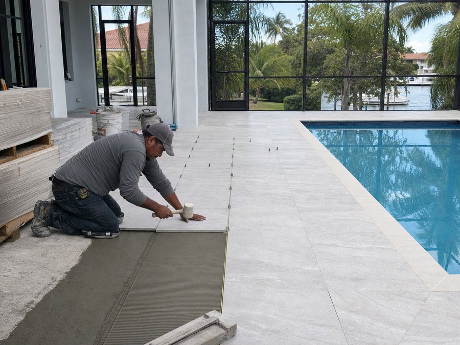 Illustration of an installer setting large-format pavers to a string line on a screeded bedding layer