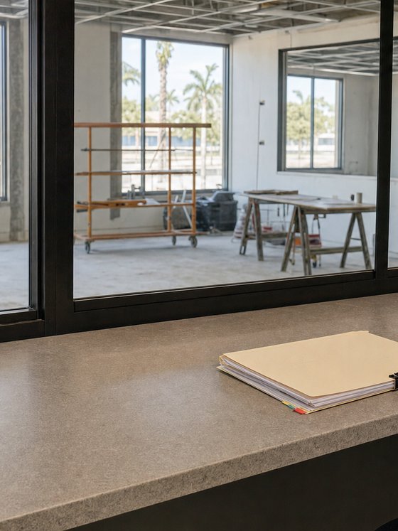 Illustration of a building department service counter seen from the applicant side