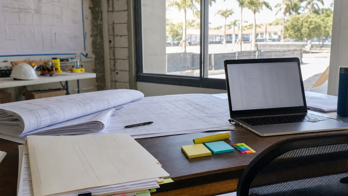 Illustration of a permit coordinator desk with a residential drawing set, permit folder and checklist