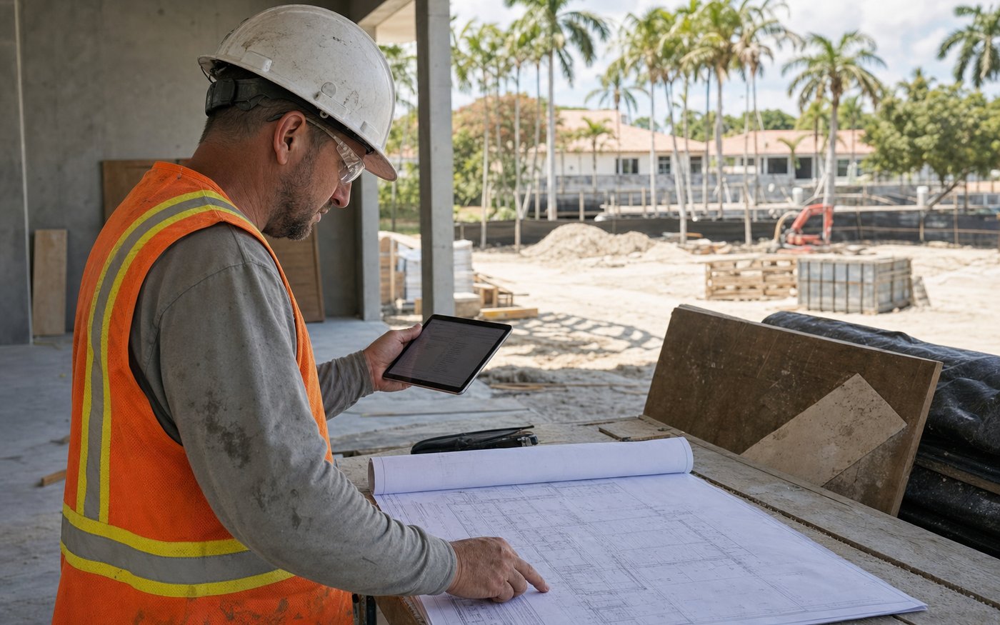 Illustration of a superintendent scheduling an inspection with the approved drawing set open