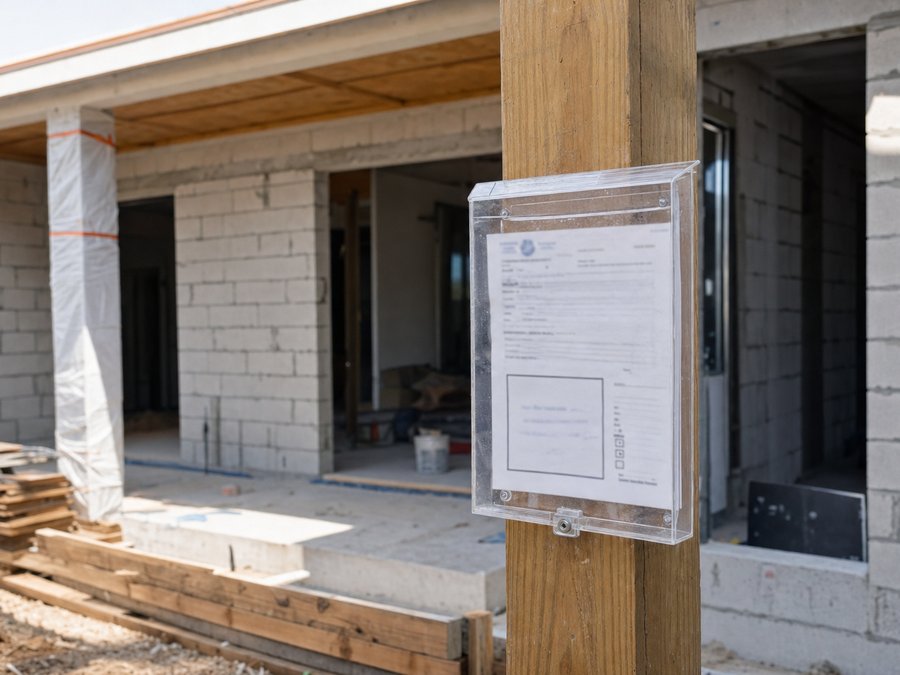 Illustration of a permit card in a weatherproof holder mounted on a post at a residential jobsite