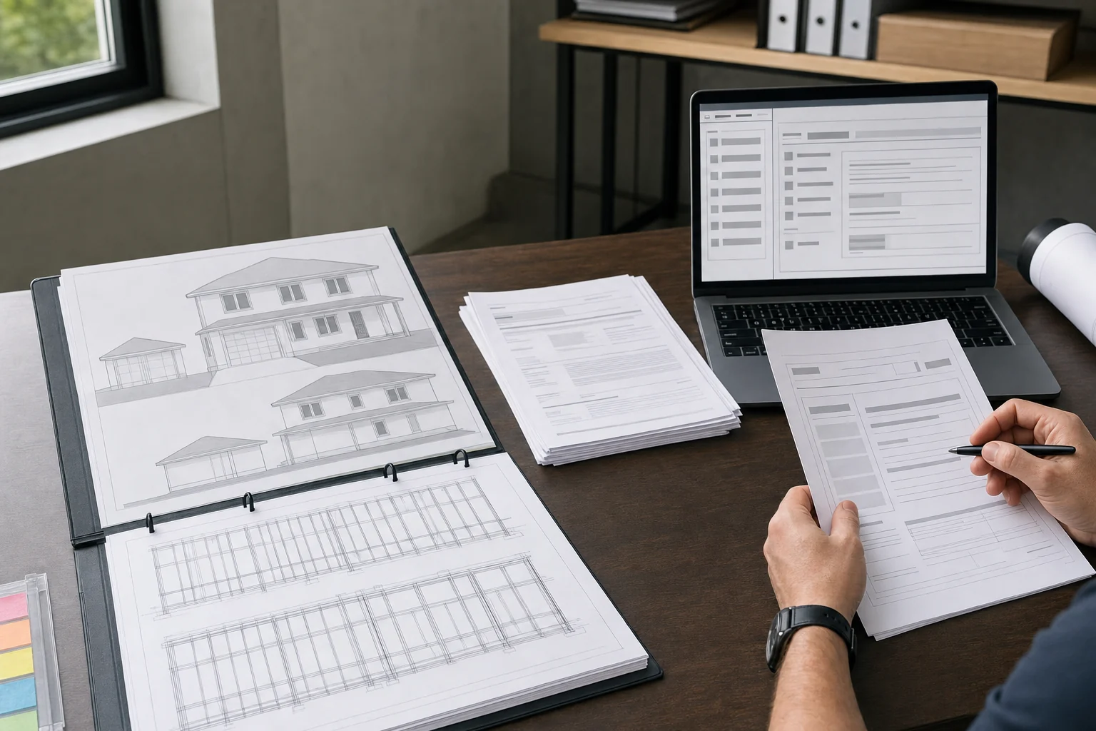 Construction documents being reviewed for a second-story addition permit
