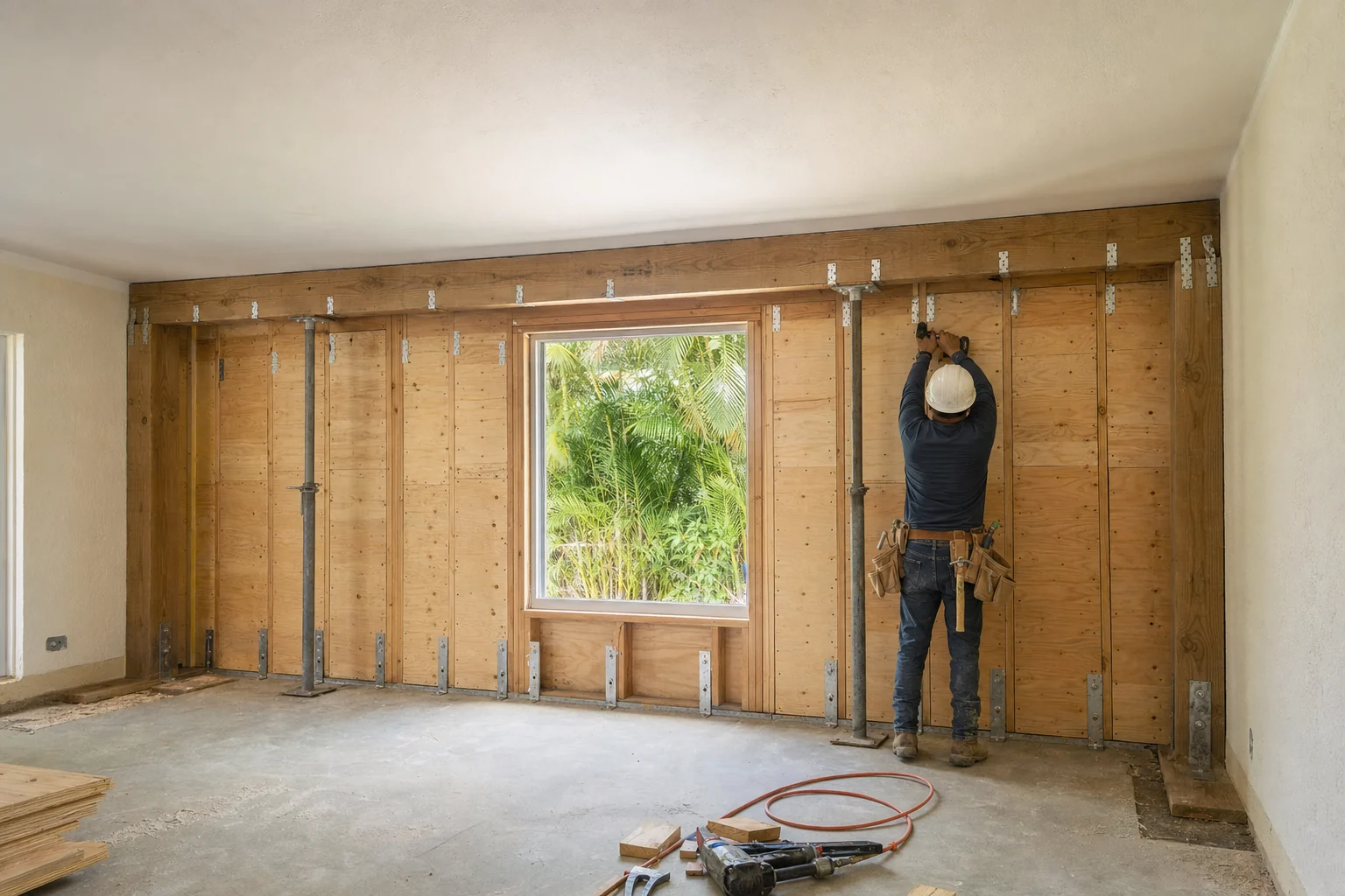 First-floor wall reinforcement supporting a new second-story addition