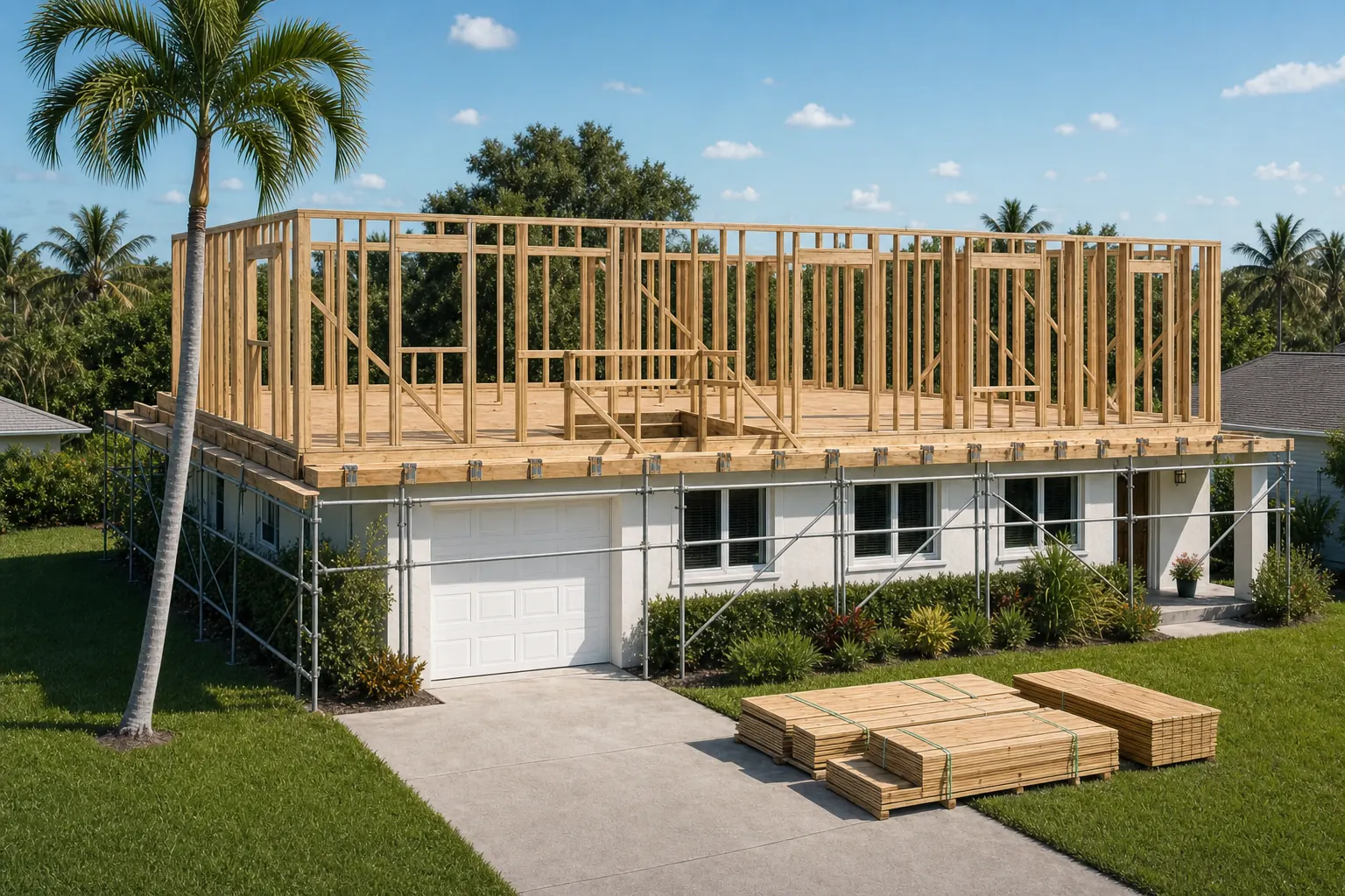 Upper-level wall framing and stair opening for a second-story addition