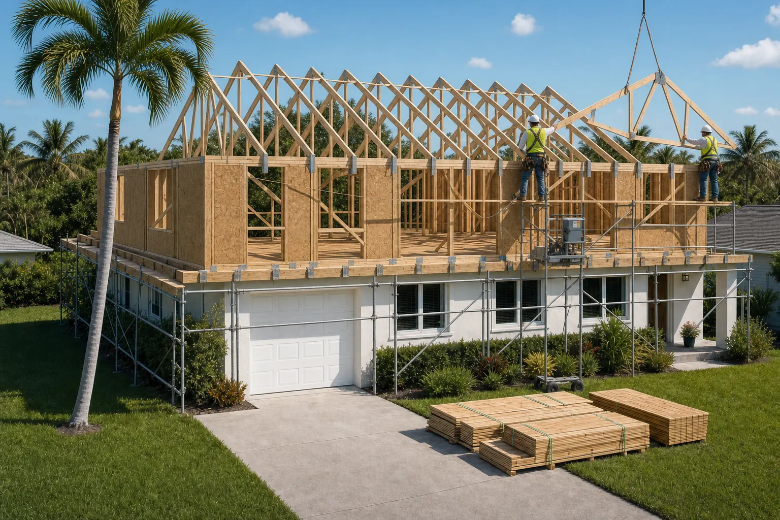 New roof framing and wind-load connections on a second-story addition