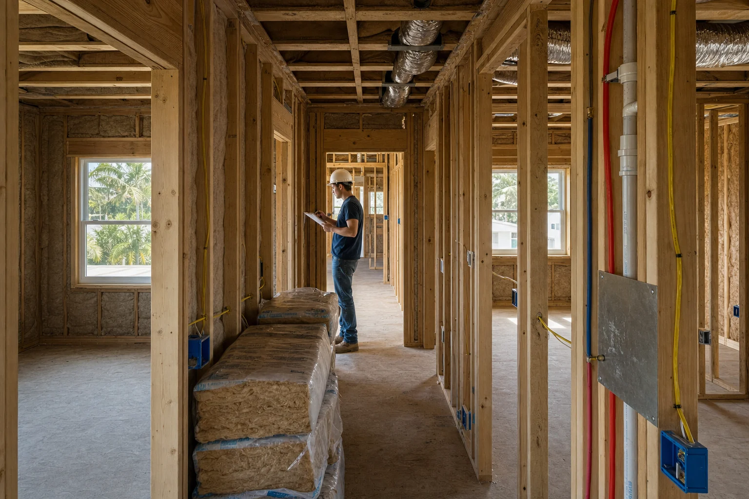 MEP rough-in and inspection inside a new residential second floor