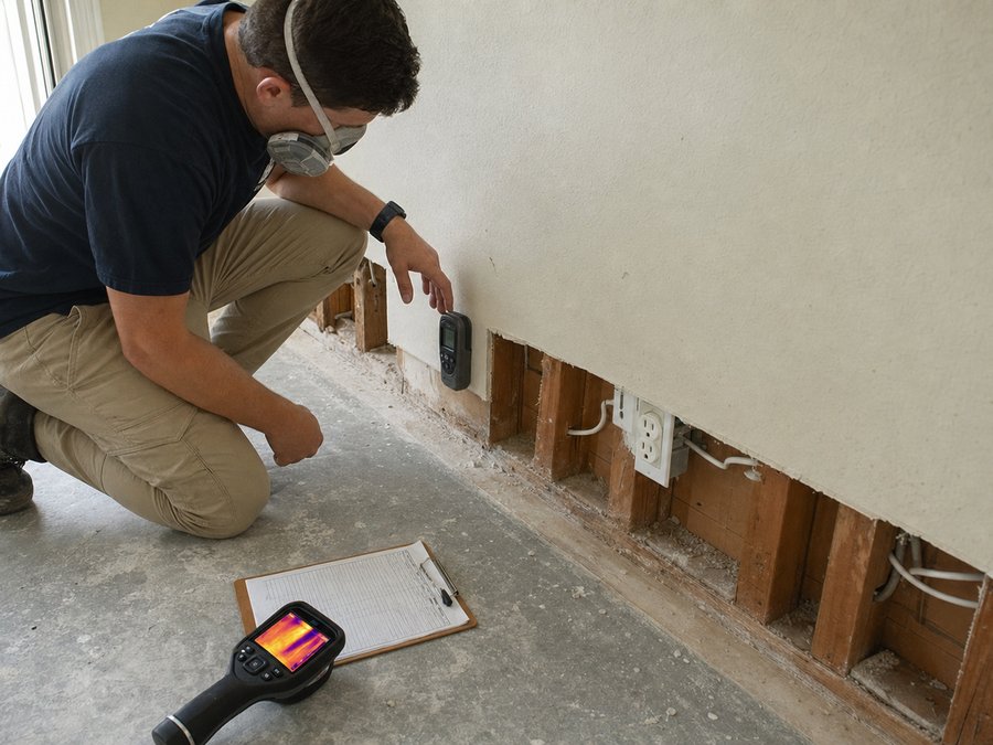 Illustration of a technician taking a moisture reading at the base of a wall with a handheld meter
