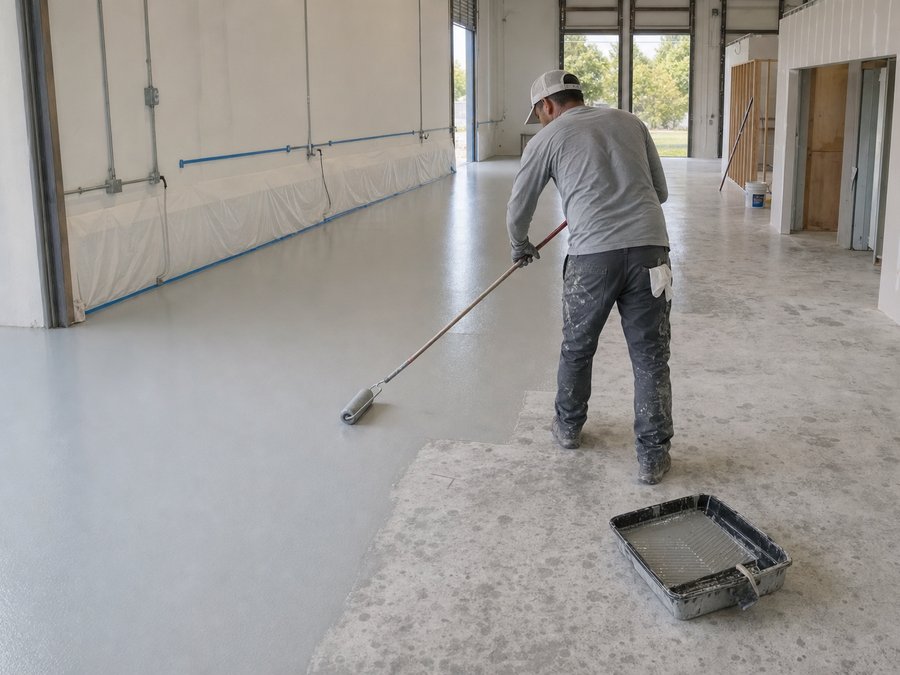 Illustration of a worker applying a resin floor coating to a warehouse slab with a wet edge visible
