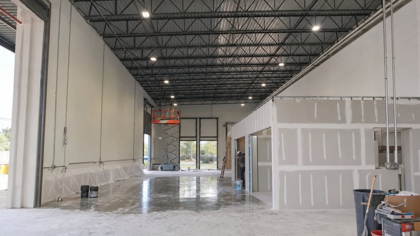 Illustration of a South Florida warehouse interior under renovation with a partly coated slab and new high-bay lighting