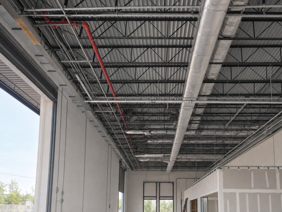 Illustration of sprinkler branch lines, conduit and duct running beneath a warehouse roof deck
