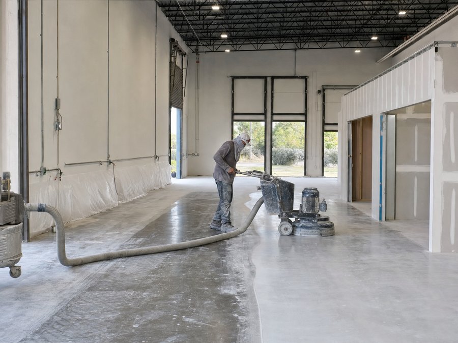Illustration of a concrete grinder preparing a warehouse slab with dust extraction attached