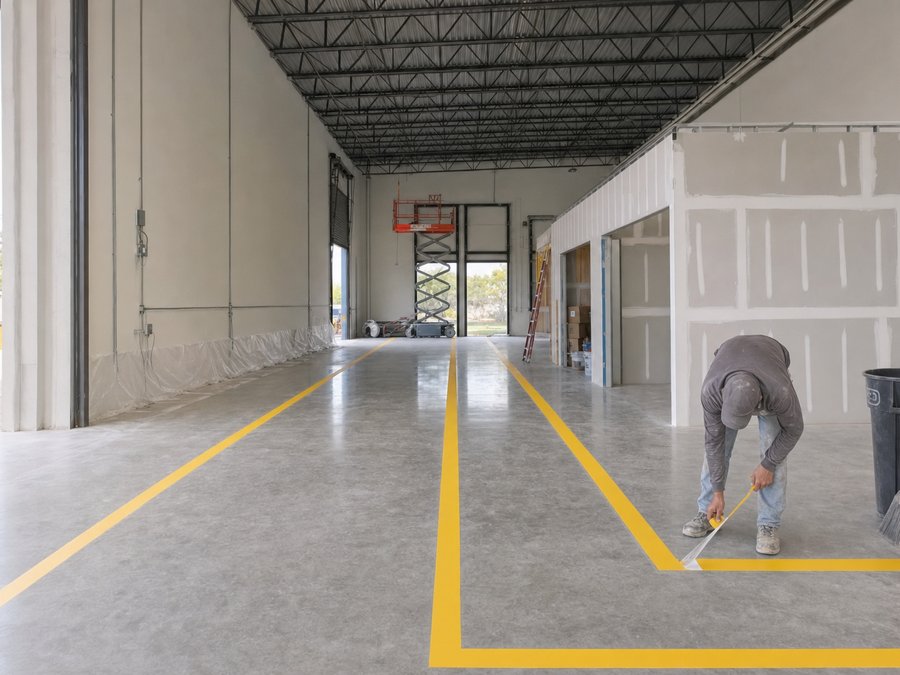 Illustration of freshly applied yellow floor markings defining a walkway and racking aisle